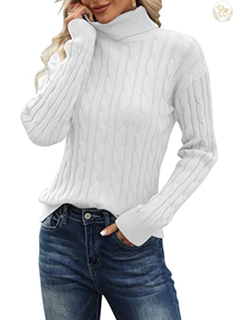 Women's Cable Knit Sweater Long Sleeve Pullover Turtleneck